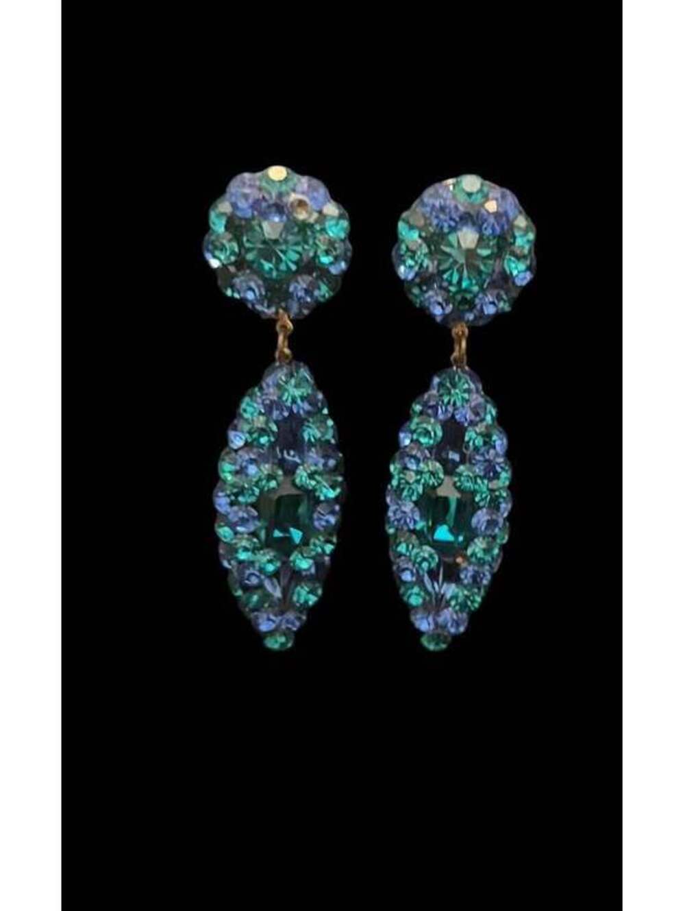 Blue and Teal Rhinestone Dangle  Clip On Earrings
